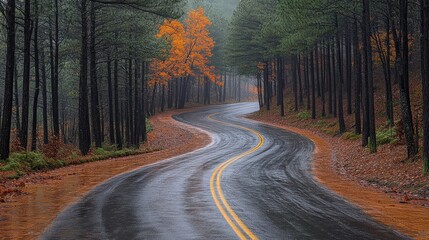 Obraz premium A winding road through a forest during autumn rain, showcasing vibrant fall foliage.