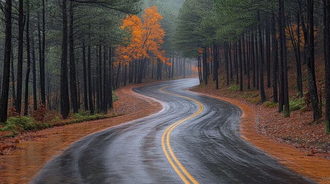 A winding road through a forest during autumn rain, showcasing vibrant fall foliage.