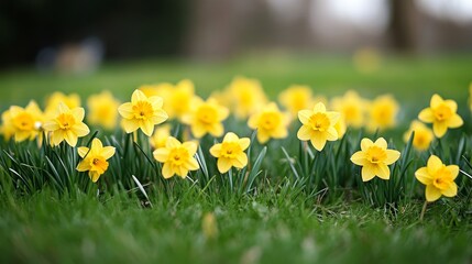 Fototapeta premium A vibrant display of yellow daffodils blooming in a lush green field.