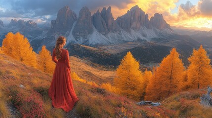 A woman in a red dress stands amidst vibrant autumn foliage, overlooking majestic mountains.