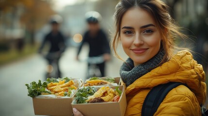 A woman in a yellow jacket holds food containers outdoors with cyclists in the background.