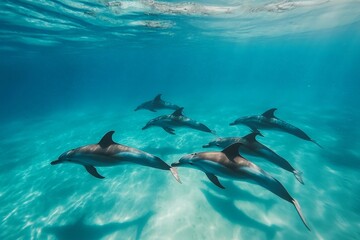 Obraz premium A pod of dolphins swimming together in perfect harmony through the clear blue water
