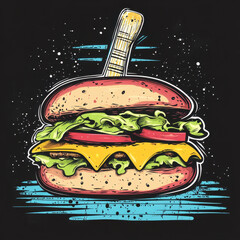 A colorful, stylized illustration of a hamburger with lettuce, tomato, and cheese, featuring a guitar pick on top.