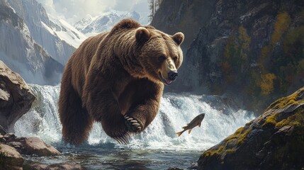 Obraz premium A powerful grizzly bear standing by a river, catching fish with its massive paws