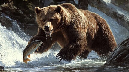 Obraz premium A powerful grizzly bear standing by a river, catching fish with its massive paws