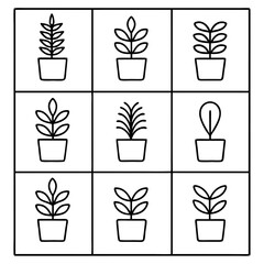 Nine potted plants, minimalist line art, home decor, simple design, botanical illustrations