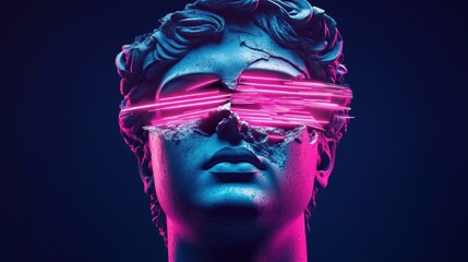 Classical marble statue bust with cracks and neon pink light streaks across the eyes on a dark blue background.