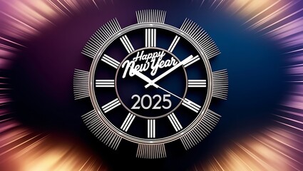 A surreal, vibrant cinematic photo of a circular clock face with Happy New Year 2025 in silver cursive at its center, surrounded by radiant rays and a warm, golden haze, evoking nostalgia
