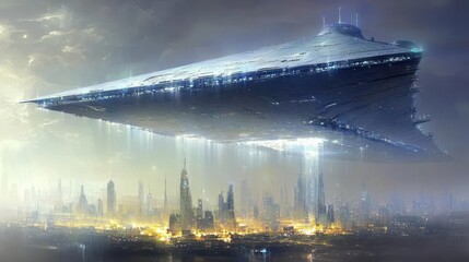 Fototapeta premium A massive futuristic spaceship hovers over a glowing cityscape at dusk.