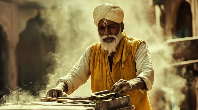 Indian worker organizing traditional tools at a construction site, vibrant colors, warm sunlight, detailed attire, dusty atmosphere, focused expression, dynamic composition