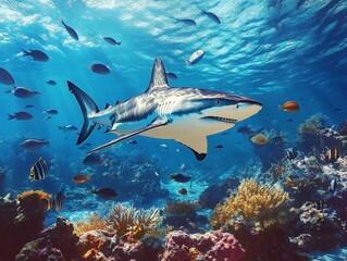 Obraz premium A shark swimming through a coral reef, surrounded by schools of fish