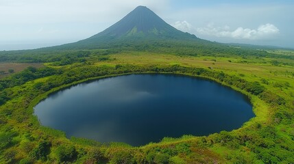 Fototapeta premium Aerial view of a tranquil lake surrounded by lush greenery and a prominent volcano.