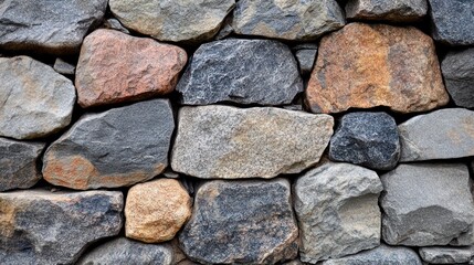 Obraz premium A textured stone wall composed of various shapes and colors of rocks.