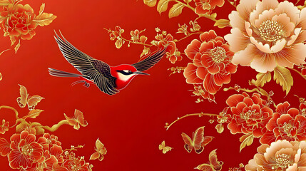 Elegant Chinese oriental pattern background vector. Elegant swallow bird and peony flower golden line art on red background. Design illustration for happy new year, wallpaper, banner, card.
