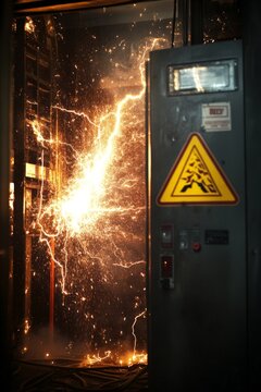 A dramatic shot of an electrical arc flash, with safety signage and protective barriers prominently displayed