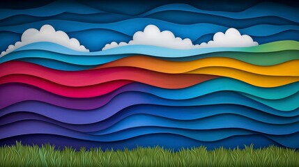 Fototapeta premium Colorful Abstract Landscape Layered Waves Sky Clouds Grass