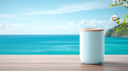 Obraz premium Serene Ocean View Coastal Relaxation with Blank Container