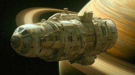 A futuristic spacecraft navigating near a ringed planet in space.