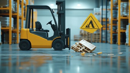 A forklift accident scenario in a warehouse, a fallen pallet and warning signs emphasizing safety protocols