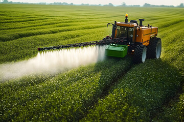 Fototapeta premium Tractor spraying pesticides in agriculture fields.
