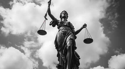 Lady Justice Statue with Scales of Justice Against Cloudy Sky