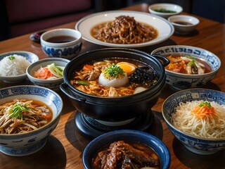 various kinds of typical South Korean food served on the table