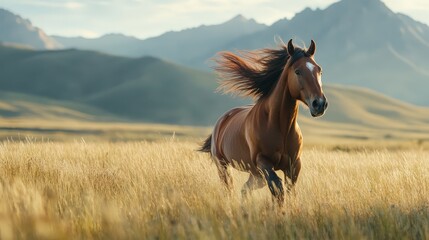 Obraz premium A wild horse galloping through a field of tall grass, mane flowing in the wind, with mountains in the background