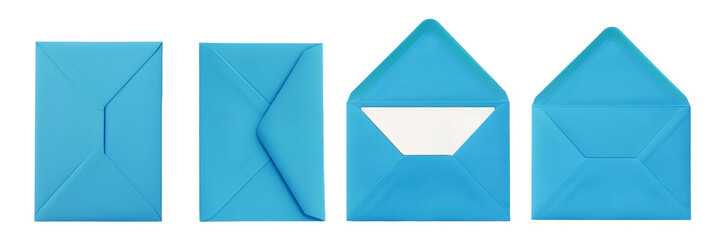 Bright blue envelope set with white liner front back open blank empty copy space product mockup template stationery packaging design supply isolated paper mailer invitation greeting card bold vibrant 
