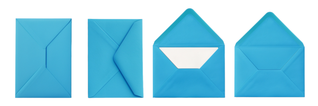 Bright blue envelope set with white liner front back open blank empty copy space product mockup template stationery packaging design supply isolated paper mailer invitation greeting card bold vibrant 