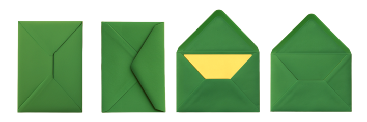 Green envelope set with yellow liner front back open blank empty copy space product mockup template stationery packaging design supply isolated paper mailer invitation greeting card decorative festive