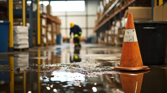 A staged scene of a worker slipping on an oil spill in a warehouse, safety warning cones visible nearby