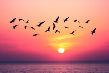 Obraz premium Birds flying in formation, silhouetted against the backdrop of a pink and orange sky at dusk
