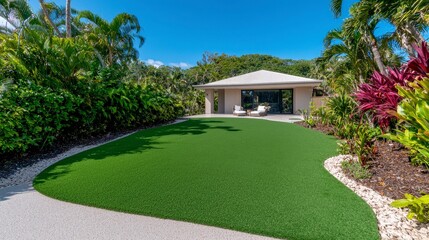 Obraz premium Luxury Modern House Tropical Garden Artificial Turf Lawn Outdoor Living Space