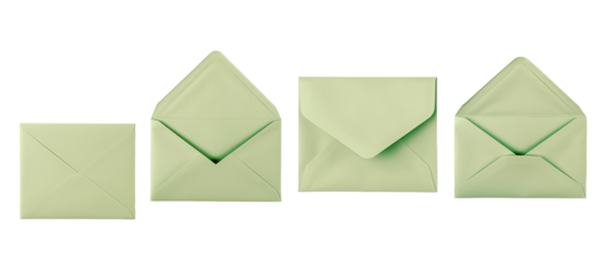 Light green envelope front back open blank empty copy space product mockup template pastel sage stationery packaging design supply isolated paper mailer correspondence invite greeting card