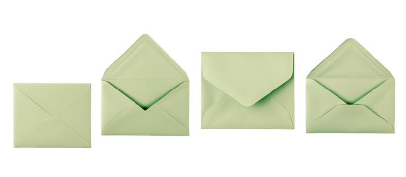 Light green envelope front back open blank empty copy space product mockup template pastel sage stationery packaging design supply isolated paper mailer correspondence invite greeting card
