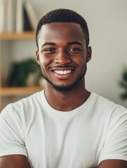 Fototapeta premium Smiling cheerful young adult african american ethnicity man looking at camera standing at home office background. Happy confident black guy posing for headshot face front close up portrait.