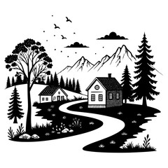 Fototapeta premium Charming Countryside Village Silhouette with Church and Trees. Village Scene