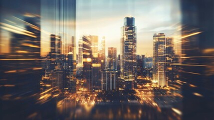 Obraz premium Enjoy the stunning view of a city's business district from a high tower, where the iconic buildings and busy streets create an impressive scene as the background