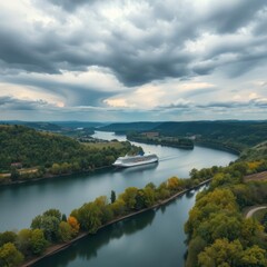 Drone shot of cruise ship on mosel river amidst land against cloudy sky germany River landscapes Ultra realistic Photorealistic landscape photographywater travel sky beautiful tourism outdoor
