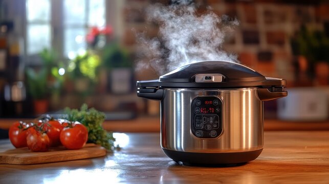 A sleek pressure cooker emits steam, surrounded by fresh tomatoes, showcasing a vibrant kitchen setting and the art of cooking.