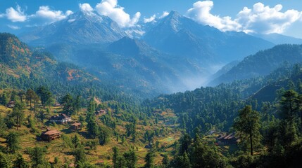 Fototapeta premium Scenic view of majestic mountains and lush valleys under a clear blue sky.