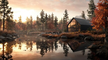 Obraz premium A serene lakeside cabin surrounded by autumn foliage, reflecting the warm hues of a sunset in a tranquil natural setting.