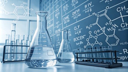 Naklejka premium Modern Laboratory with Graduated Flask and Chemical Equations V6