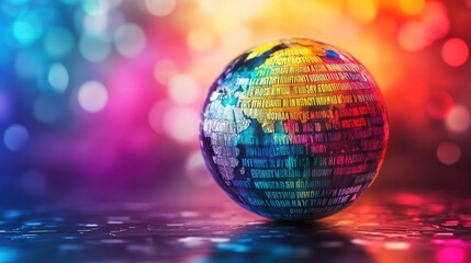 A multi-colored globe with words in different languages against the background of a world map. International Mother Language day. Horizontal banner. Copy space. Multiculturalism, equality concept