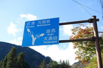 箱根の道路標識　国道1号線と県道734号線の分岐