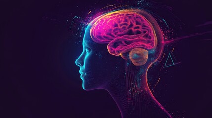 Digital neon human head. Thinking, psychology concepts.