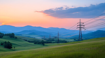 Obraz premium Across a rural landscape are power transmission lines strung across, the sunset in the background.