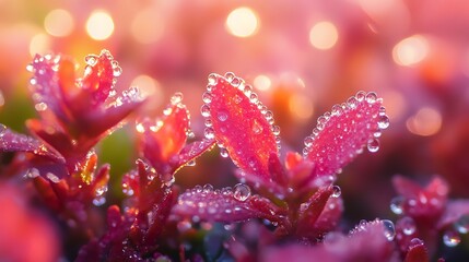 Fototapeta premium Close-up of dew-covered red leaves at sunrise.