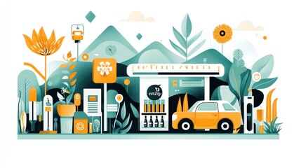 Obraz premium A colorful illustration of a modern gas station surrounded by lush greenery, mountains, and vibrant flowers, showcasing a blend of nature and technology.