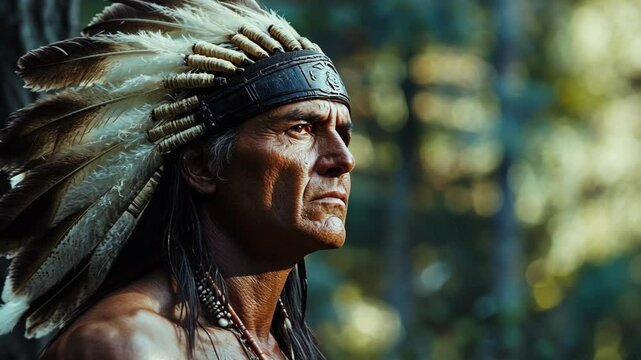An elderly Native American chief in the autumn forest wearing elegance feather headdress Warbonnet